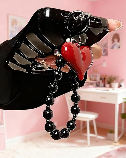 Red Heart Phone Charm Strap Black Beaded Phone Lanyard Cute Bag Charms for Handbags Cellphone Chain Wristlet Heart Bag Charm Purse Keychain for Women Cellphone Keychain Beaded Camera Wrist Strap