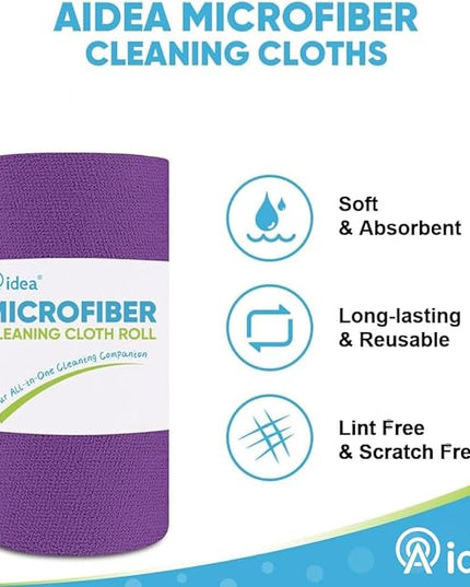 AIDEA Microfiber Cleaning Cloth Roll, 75PK, Reusable Paper Towels Tear Away Cloth, Microfiber Towels for Cars, Lint Free Cleaning Rags for House, Kitchen, Window, 11.5"×11.5", Purple