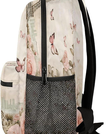 Large Backpack with 15.6 Inch Laptop Compartment, Retro Paris Tower Roses Adult Backpack for Work, Travel & School College Boys Girls