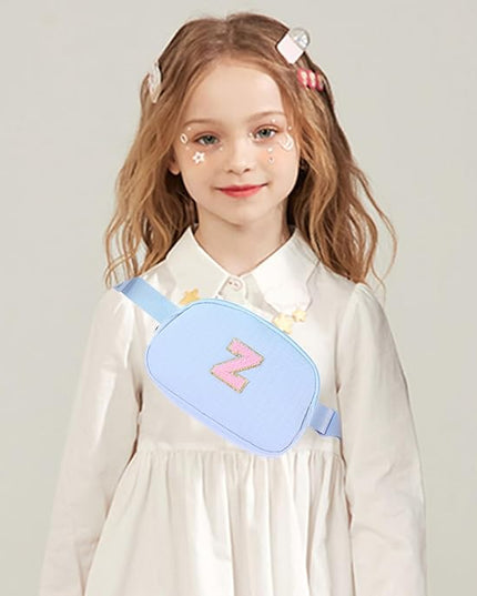 Glratn Initial Letter Fanny Pack for Girls,Patch Belt Bag,Toddler Crossbody Bags，Gifts for 3 4 5 6 7 8 9 10 11 12 Year Old Teens Kids,Christmas Graduation Gifts for Teen Girls .(Blue-M)