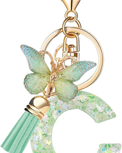 Fashion Alphabet Initial Letter Keychain Tassel Butterfly Pendant Key Ring for Purse Handbags Women Girl