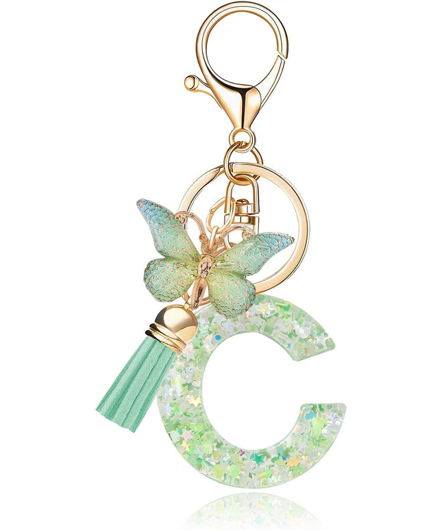 Fashion Alphabet Initial Letter Keychain Tassel Butterfly Pendant Key Ring for Purse Handbags Women Girl