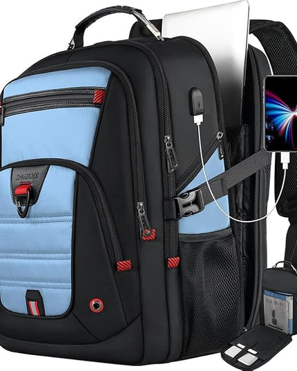 Z-MGKISS Big Backpack for Travel, 52L Large Anti-Theft Computer Backpack for Women Men, Heavy Duty Laptop Bag 17.3 Inch with USB Port, College Business Work Daypack, Lake Blue