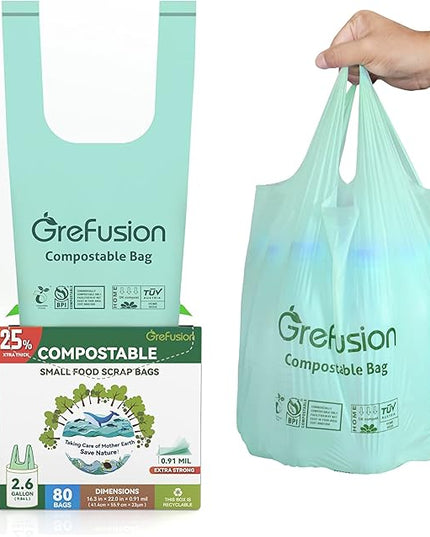 Compostable trash Bags, 2.6 Gallon,Thick 0.91 mils,Compost bin Kitchen,Food Scrap Waste Bags,Small trash bags for compost bin kitchen,Certified by BPI and OK Compost, (80 Count)