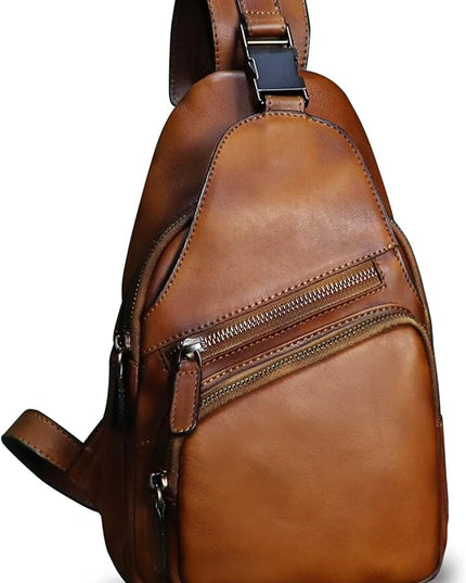 Genuine Leather Sling Bag Crossbody Purse Handmade Hiking Daypack Motorcycle Bag Retro Shoulder Backpack Vintage Chest Bag (Brown)