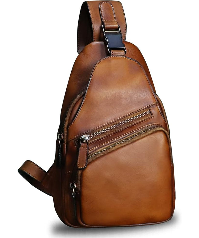 Genuine Leather Sling Bag Crossbody Purse Handmade Hiking Daypack Motorcycle Bag Retro Shoulder Backpack Vintage Chest Bag (Brown)