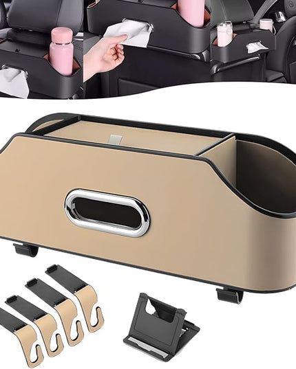Multifunctional Car Back Seat Storage Organize, 2026 Upgrade 3-in-1 Car Backseat Organizer with Cup Holder, Tissue Box, Trash Bin & Hooks, for Hold Phones, Snacks, Drinks, and Handbags (Beige)