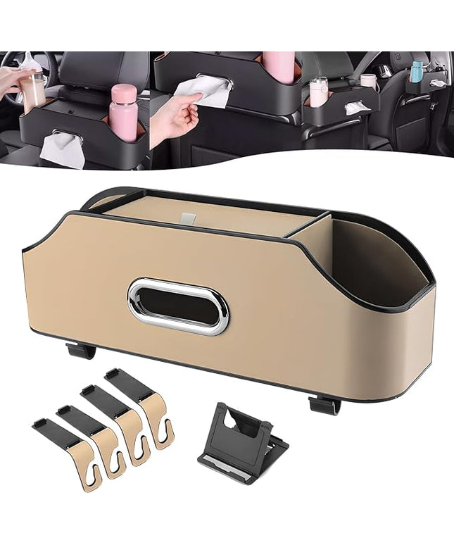 Multifunctional Car Back Seat Storage Organize, 2026 Upgrade 3-in-1 Car Backseat Organizer with Cup Holder, Tissue Box, Trash Bin & Hooks, for Hold Phones, Snacks, Drinks, and Handbags (Beige)