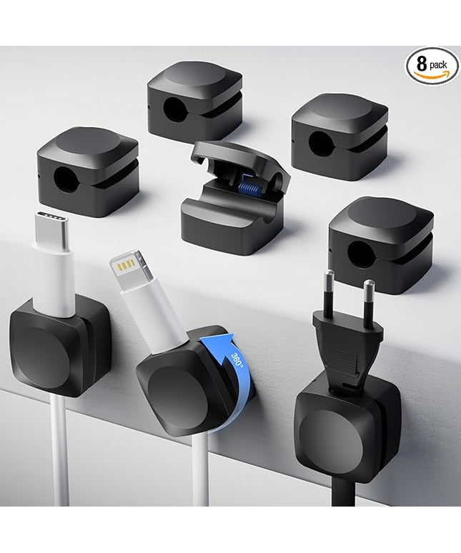 Rotatable Cord Organizer, Enhanced Spring Cable Clips, Strong Adhesive Cable Management, Desk Cord Holder for Nightstand, Office Accessories and Car (8*Black)