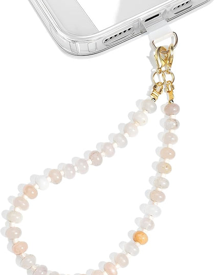 Natural Stone Beaded Phone Wrist Strap for Women – Detachable Chain Wristlet, Durable 304 Stainless Steel Core (Light Pink)