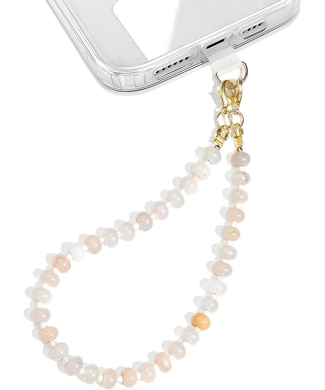 Natural Stone Beaded Phone Wrist Strap for Women – Detachable Chain Wristlet, Durable 304 Stainless Steel Core (Light Pink)