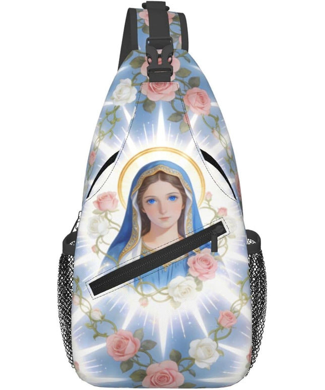 Our Lady of Guadalupe Sling Bag Crossbody Bags Clovers Chest Bag for Travel Hiking for Men Women Flower Mary 9