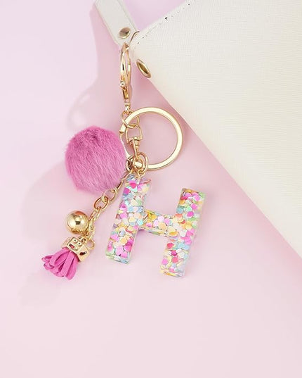 Resin Alphabet Initial Letter Keychain Keyring for Women Purse Handbags With Fur Ball Pom