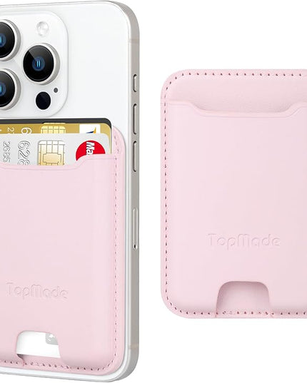 TopMade Phone Card Holder, Premium Leather Phone Wallet Stick on, Stronger 3M Adhesive Credit Card Holder for Back of Phone Case, iPhone, Samsung, and Android, RFID Blocking, Fit 4 Cards, Pink