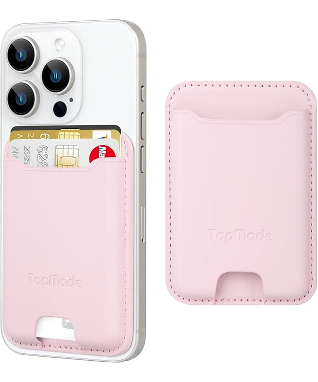 TopMade Phone Card Holder, Premium Leather Phone Wallet Stick on, Stronger 3M Adhesive Credit Card Holder for Back of Phone Case, iPhone, Samsung, and Android, RFID Blocking, Fit 4 Cards, Pink
