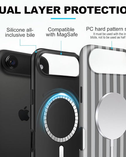 Magnetic for iPhone 17 Air Case Cute Stripes Phone Case, Shockproof Slim TPU and Hard PC Protective Phone Cover Compatible with MagSafe Designed for Women Girls, Gray