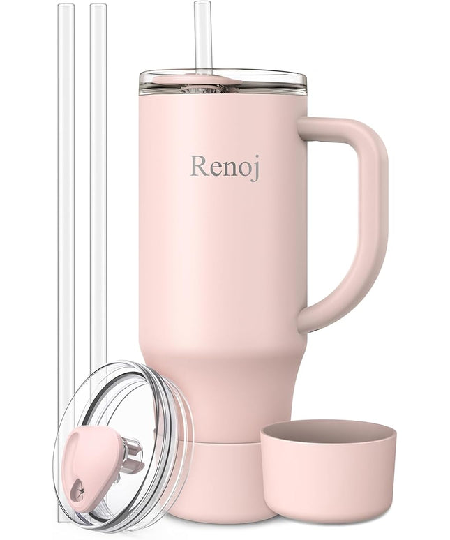 Renoj Tumbler with Handle 100% Spill Resistant Insulated Water Bottle for Iced Coffee & Hot Drinks - Fits Car Cup Holder, Ideal Gift, 2 Straws & Silicone Boot BPA-Free - FlexSlide Light Pink 32 oz