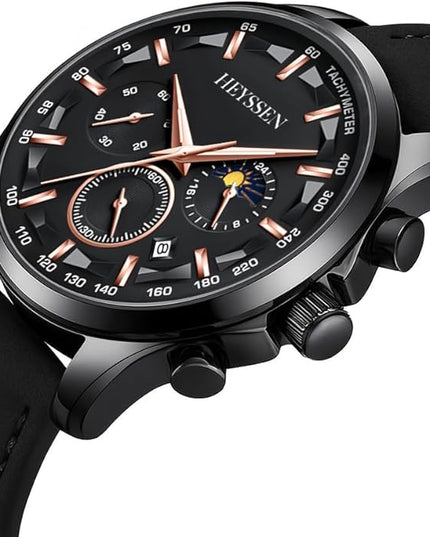 Watches for Men Chronograph Analog Luminous Quartz Watch Blue Black Luxury Genuine Leather Mens Watches Business Sports Waterproof Wristwatch Elegant Gift for Him