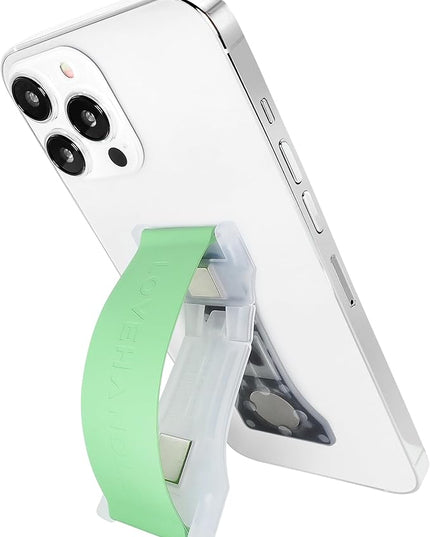 LOVEHANDLE PRO Premium Phone Grip - Silicone Phone Strap - Magnetic Phone Mount and Kickstand for Smartphone and Tablet - Fern Green Silicone on Clear Base