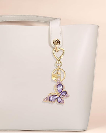 XGALBLA Cute Bling Crystals Rhinestone Butterfly KeyChain with Heart Pendant, Lovely Bag Charms for Handbags Purse Accessory