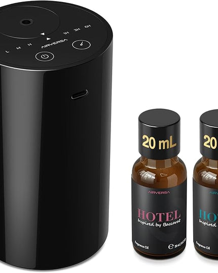 Airversa Waterless Essential Oil Diffuser Starter Kit with 2x20mL Hotel Fragrance Oils, Cordless Nebulizer for Car Home Office, Up to 600 sq ft, Mist/Timer Settings, Baterry Operated, AN8Kit-3, Black