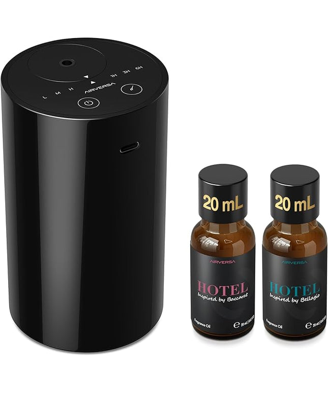 Airversa Waterless Essential Oil Diffuser Starter Kit with 2x20mL Hotel Fragrance Oils, Cordless Nebulizer for Car Home Office, Up to 600 sq ft, Mist/Timer Settings, Baterry Operated, AN8Kit-3, Black