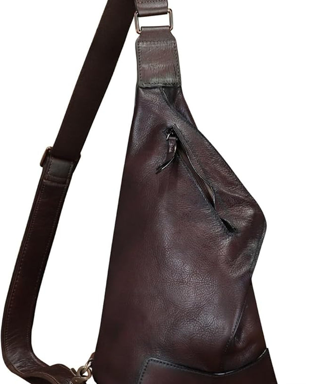 Genuine Leather Sling Bag for Men and Women Vintage Full Grain Leather Sling Purse Chest Daypack Over Shoulder Crossbody Bag (Coffee)