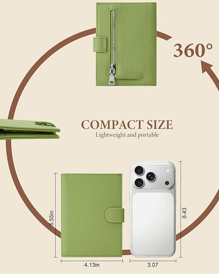 Genuine Leather Passport Holder for Women Men, Hidden Airtag Pocket, RFID Blocking, Zippered Coins Pocket & Cash Compartment Travel Gifts Essentials Passport Cover Case - Green