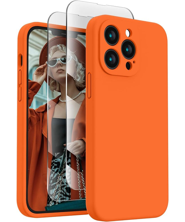 FireNova Designed for iPhone 13 Pro Max Case, Silicone [Camera Protection] Phone Case with [2 Screen Protectors], Soft Anti-Scratch Microfiber Lining Inside, 6.7 inch, Neon Orange New