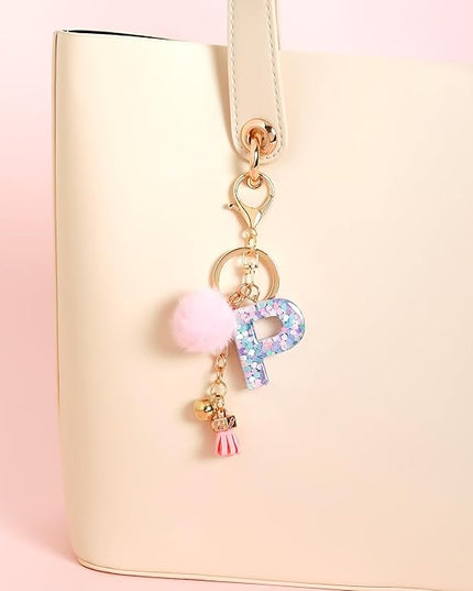 Resin Alphabet Initial Letter Keychain Keyring for Women Purse Handbags With Fur Ball Pom