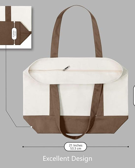 TOPDesign 1-Pack Canvas Tote Bag with an External Pocket, Reusable Grocery Shopping Bag, Top Zipper Closure, Daily Essentials (Brown/Natural)