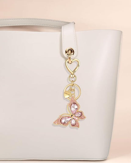 XGALBLA Cute Bling Crystals Rhinestone Butterfly KeyChain with Heart Pendant, Lovely Bag Charms for Handbags Purse Accessory