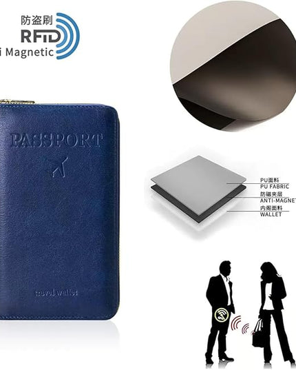 Multi-Functional RFID Passport Wallet,Travel Wallet for Men & Women,With zipper, anti-theft passport holder，Slim Leather Cover for Credit Cards, Tickets, Cash (Dark blue)