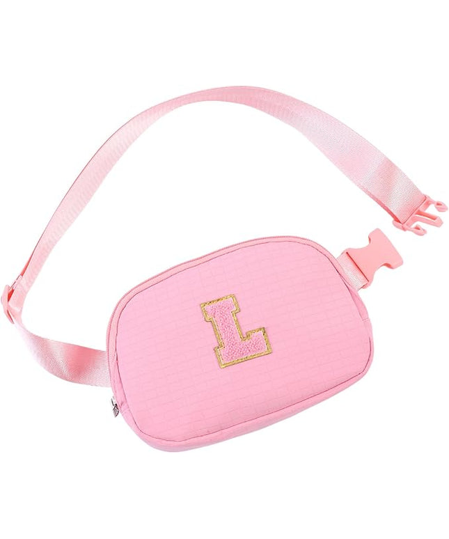 Glratn Initial Letter Fanny Pack for Girls,Patch Belt Bag,Toddler Crossbody Bags，Gifts for 3 4 5 6 7 8 9 10 11 12 Year Old Teens Kids,Christmas Graduation Gifts for Teen Girls.(Pink-L)