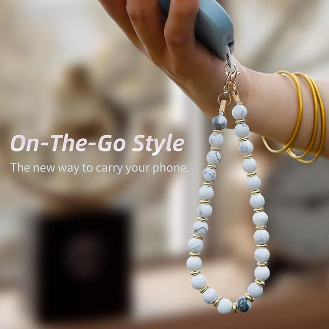 Marble Beaded Phone Wrist Strap,Detachable Phone Bracelet Strap with Tether Tab,Hands-Free Wristlet Strap (Marble-White)