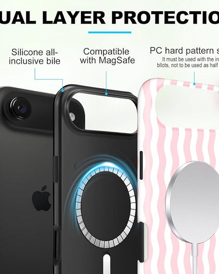Magnetic for iPhone 17 Air Case Cute Wavy Stripes Phone Case, Shockproof Slim TPU and Hard PC Protective Phone Cover Compatible with MagSafe Designed for Women Girls, Pink