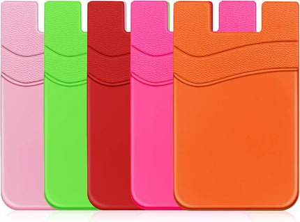 Senose 5 Pack Cell Phone Wallet, Silicone Phone Card Holder, Credit Card Holder Adhesive Stick On for Back of Cellphone Case, Compatible for iPhone and Android -Red+Orange+Pink+Rosered+Light Green