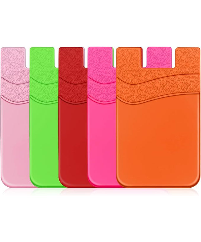 Senose 5 Pack Cell Phone Wallet, Silicone Phone Card Holder, Credit Card Holder Adhesive Stick On for Back of Cellphone Case, Compatible for iPhone and Android -Red+Orange+Pink+Rosered+Light Green