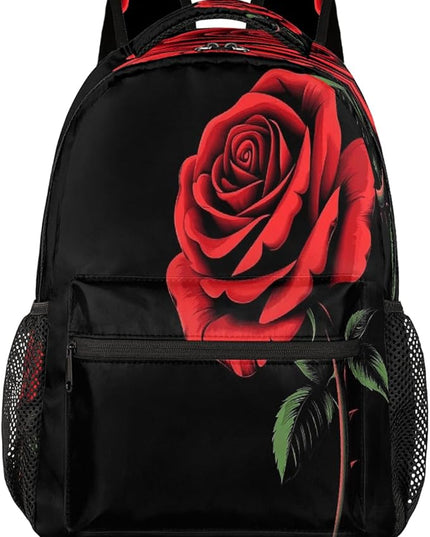 Large Backpack with 15.6 Inch Laptop Compartment, Red Rose Black Adult Backpack for Work, Travel & School College Boys Girls
