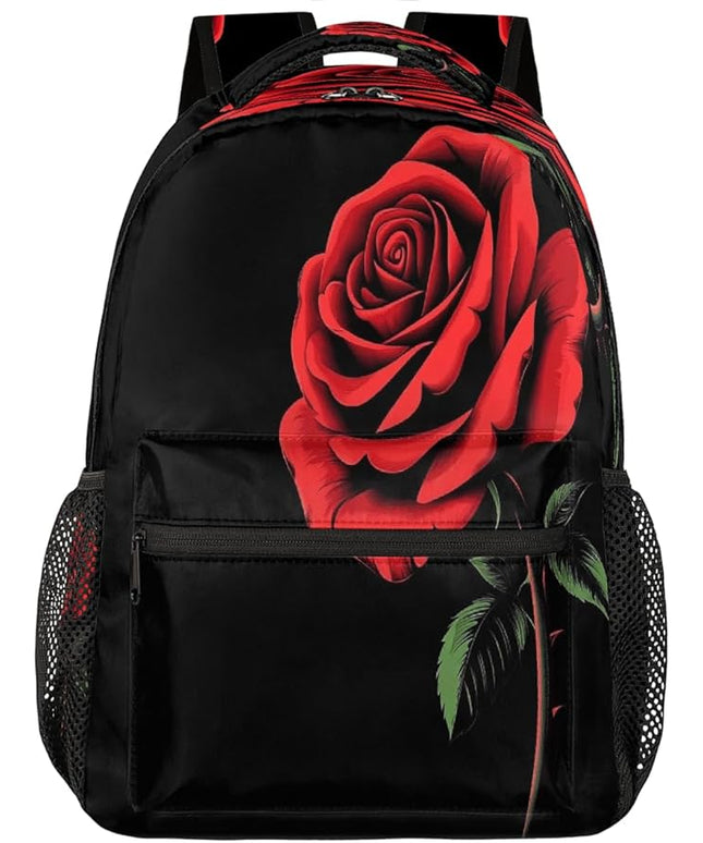 Large Backpack with 15.6 Inch Laptop Compartment, Red Rose Black Adult Backpack for Work, Travel & School College Boys Girls