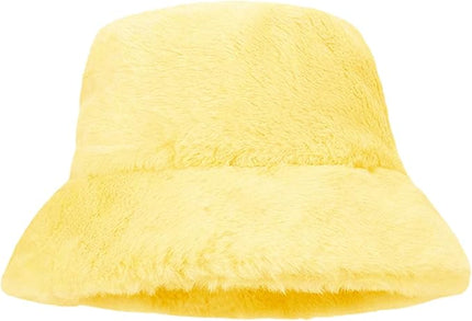 Women Plush Fluffy Bucket Hat Warm Lining Winter Faux Fur Cozy Wide Brim Winter