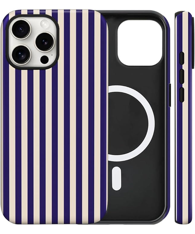 Magnetic for iPhone 16 Pro Max Case Cute Stripes Phone Case, Shockproof Slim TPU and Hard PC Protective Phone Cover Compatible with MagSafe Designed for Women Girls, Deep Purple