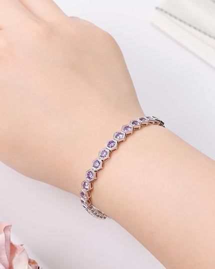 Birthstone Tennis Bracelets for Women Birthday Gifts 925 Sterling Silver Hexagon White Gold Bracelets Round Cut 5A Cubic Zirconia Prong Setting 7 Inch Anniversary Jewelry Gift