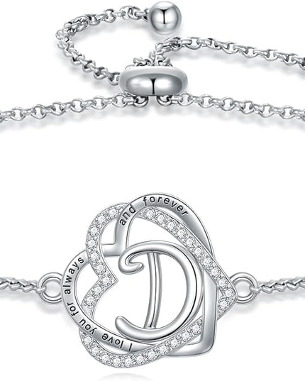 TOUPOP Gifts for Women Heart Initial Bracelet 925 Sterling Silver Double Heart Bracelet Birthday Jewelry Birthday Christmas Gifts for Her Wife Girlfriend