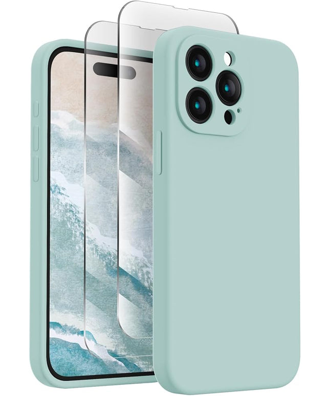 FireNova Designed for iPhone 15 Pro Case, Silicone Upgraded [Camera Protection] Phone Case with [2 Screen Protectors], Soft Anti-Scratch Microfiber Lining Inside, 6.1 inch, Mint Green