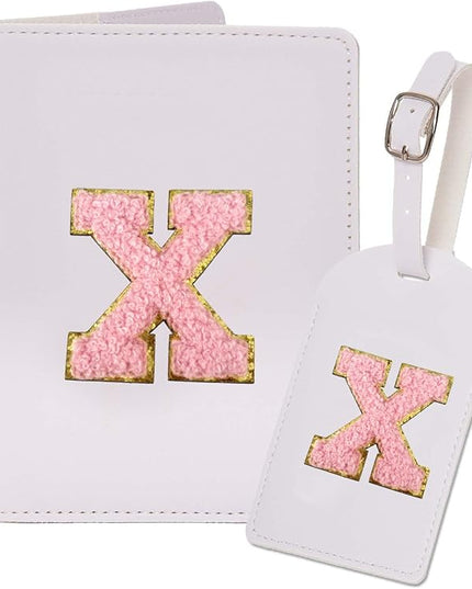 ULICO Initial Passport Cover and Luggage Tag Set,PU Leather Letter Passport Case Holder Travel Suitcase Tag, Personalized Travel Luggage Accessories Gifts for Women Kids Teenage White X