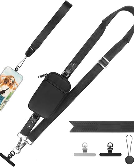 Clip and Go Strap for Phone With Wallet Crossbody (Detachable RFID Blocking Wallet) - Adjustable Phone Strap w/Soft Silicone Pad, Universal Phone Lanyard with 360° Rotatable Tether Tabs for All Phones