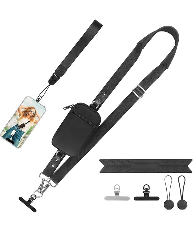 Clip and Go Strap for Phone With Wallet Crossbody (Detachable RFID Blocking Wallet) - Adjustable Phone Strap w/Soft Silicone Pad, Universal Phone Lanyard with 360° Rotatable Tether Tabs for All Phones