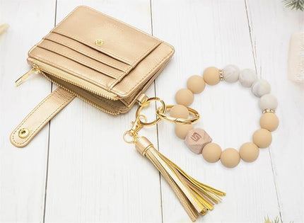 COOLANS Silicone Bracelet Wristlet Wallet Credit Card Holder RFID,ID Window,Key Ring Tassel,Slim Wallet Women Keychain Purse