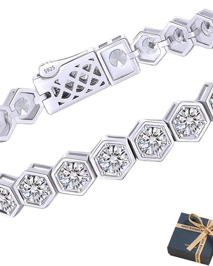 Birthstone Tennis Bracelets for Women Birthday Gifts 925 Sterling Silver Hexagon White Gold Bracelets Round Cut 5A Cubic Zirconia Prong Setting 7 Inch Anniversary Jewelry Gift